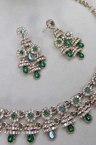 Green yellow gold premium designer american diamond and stone work necklace set