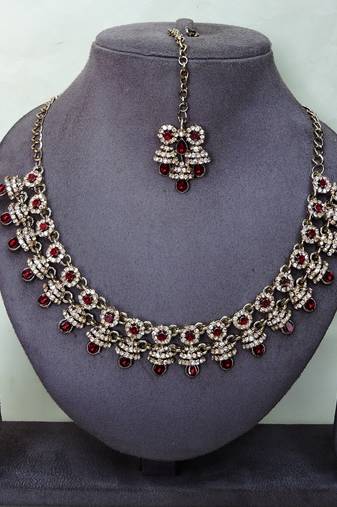 Maroon yellow gold premium designer american diamond and stone work necklace set