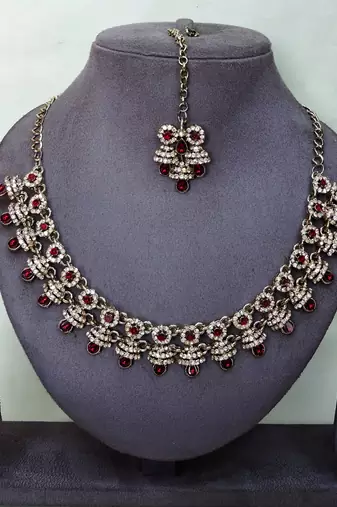 Maroon yellow gold premium designer american diamond and stone work necklace set