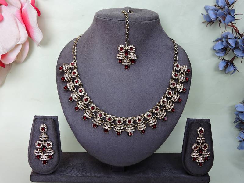 Maroon yellow gold premium designer american diamond and stone work necklace set