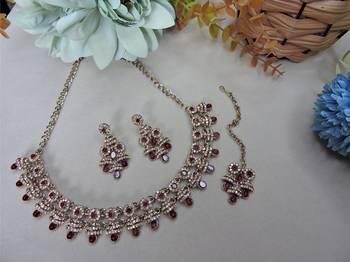 Maroon yellow gold premium designer american diamond and stone work necklace set 2