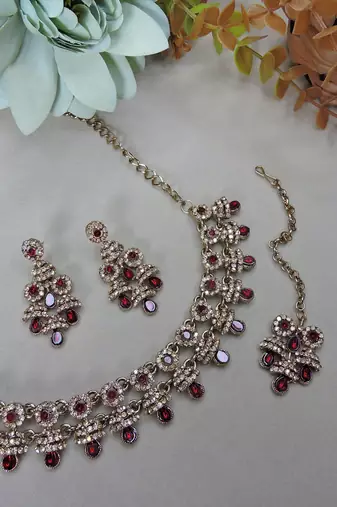 Maroon yellow gold premium designer american diamond and stone work necklace set