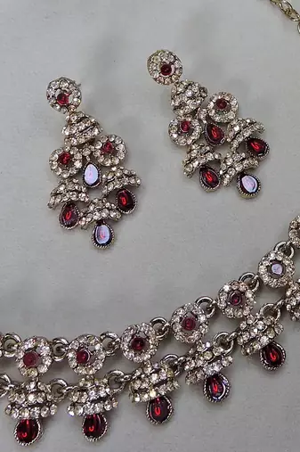 Maroon yellow gold premium designer american diamond and stone work necklace set