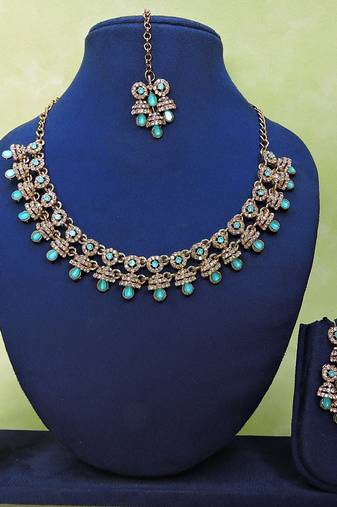 Green yellow gold premium designer american diamond and stone work necklace set