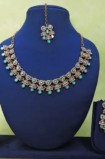 Green yellow gold premium designer american diamond and stone work necklace set