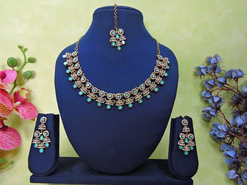 Green yellow gold premium designer american diamond and stone work necklace set