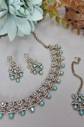Green yellow gold premium designer american diamond and stone work necklace set