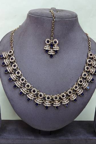 Blue yellow gold premium designer american diamond and stone work necklace set