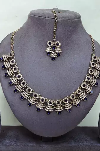 Blue yellow gold premium designer american diamond and stone work necklace set