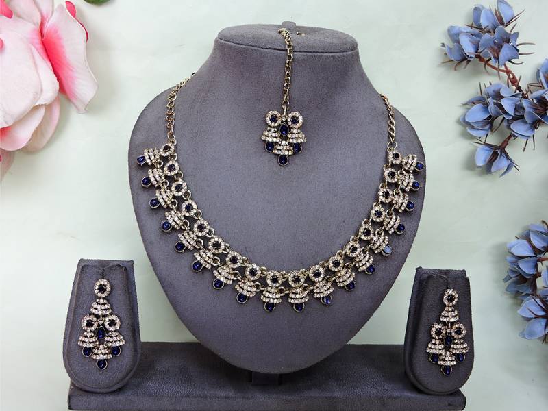 Blue yellow gold premium designer american diamond and stone work necklace set