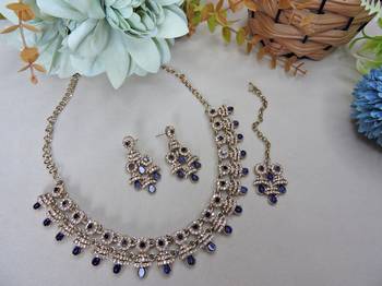 Blue yellow gold premium designer american diamond and stone work necklace set 2