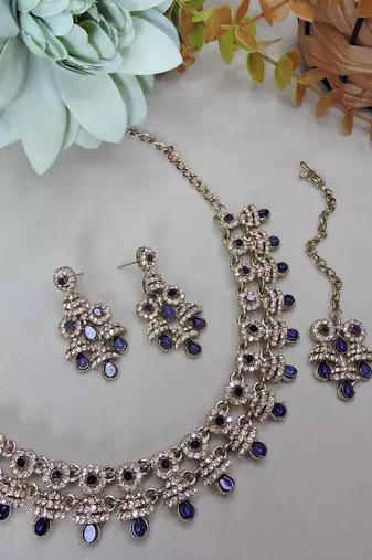 Blue yellow gold premium designer american diamond and stone work necklace set