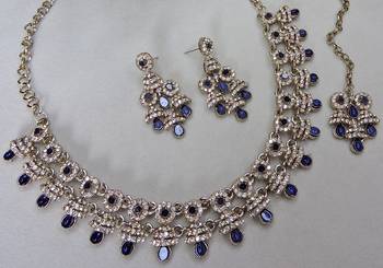 Blue yellow gold premium designer american diamond and stone work necklace set 3