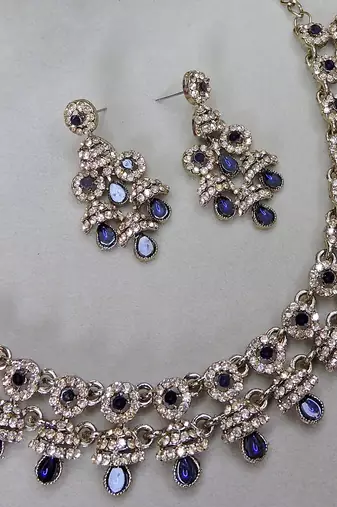 Blue yellow gold premium designer american diamond and stone work necklace set