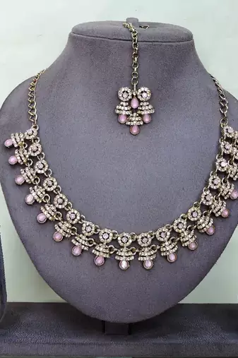 Pink yellow gold premium designer american diamond and stone work necklace set