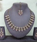 Pink yellow gold premium designer american diamond and stone work necklace set