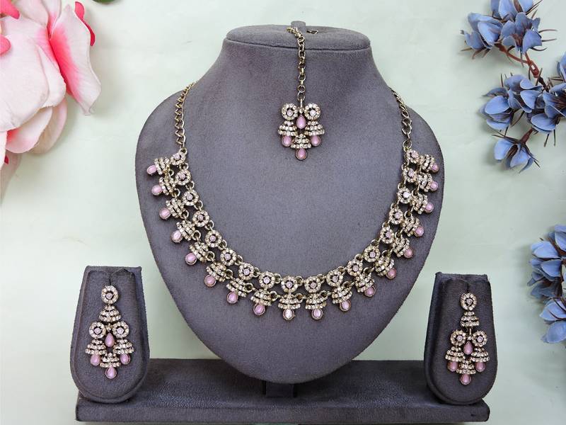 Pink yellow gold premium designer american diamond and stone work necklace set