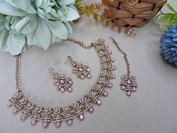 Pink yellow gold premium designer american diamond and stone work necklace set 2