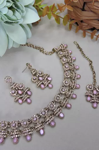 Pink yellow gold premium designer american diamond and stone work necklace set