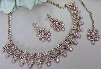 Pink yellow gold premium designer american diamond and stone work necklace set 3
