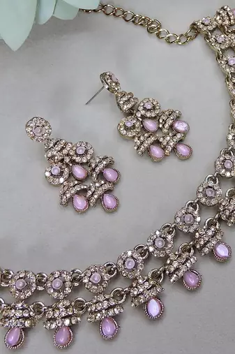 Pink yellow gold premium designer american diamond and stone work necklace set