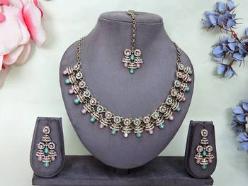 Green yellow gold premium designer american diamond and stone work necklace set 1