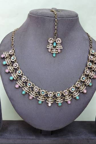 Green yellow gold premium designer american diamond and stone work necklace set