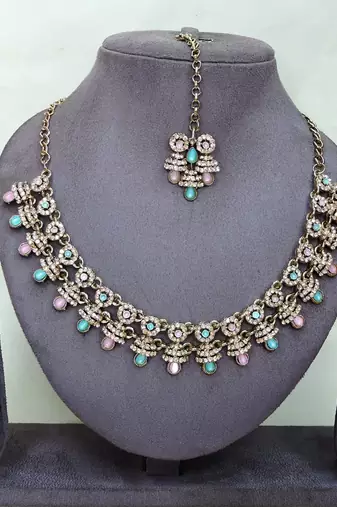 Green yellow gold premium designer american diamond and stone work necklace set