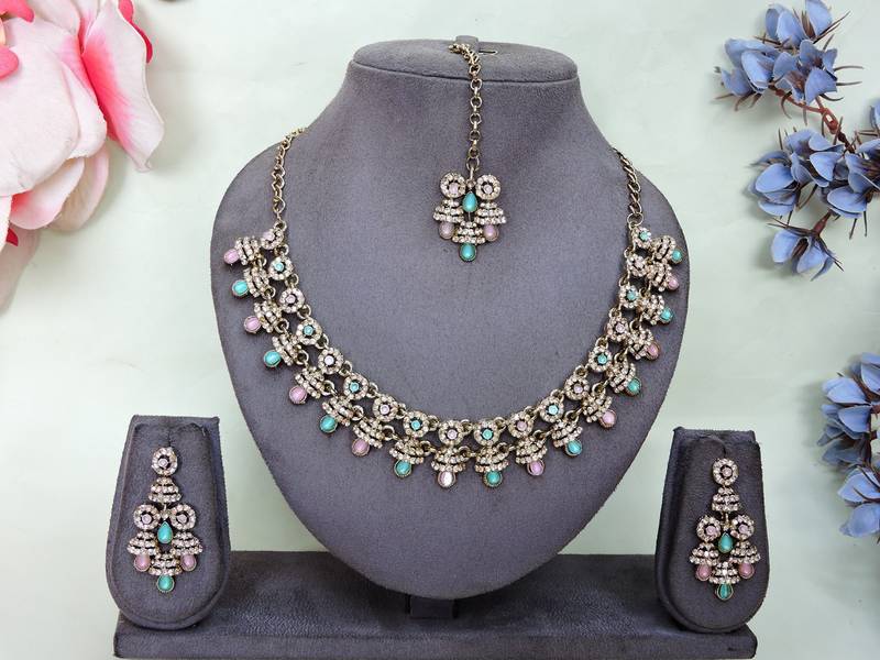 Green yellow gold premium designer american diamond and stone work necklace set