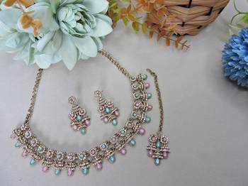 Green yellow gold premium designer american diamond and stone work necklace set 2