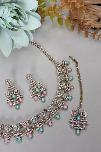 Green yellow gold premium designer american diamond and stone work necklace set