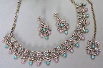 Green yellow gold premium designer american diamond and stone work necklace set 3