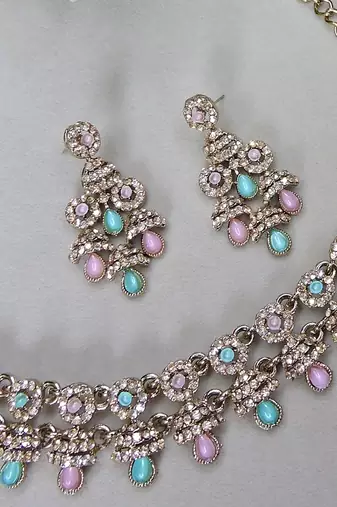 Green yellow gold premium designer american diamond and stone work necklace set