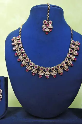 Purple yellow gold premium designer american diamond and stone work necklace set
