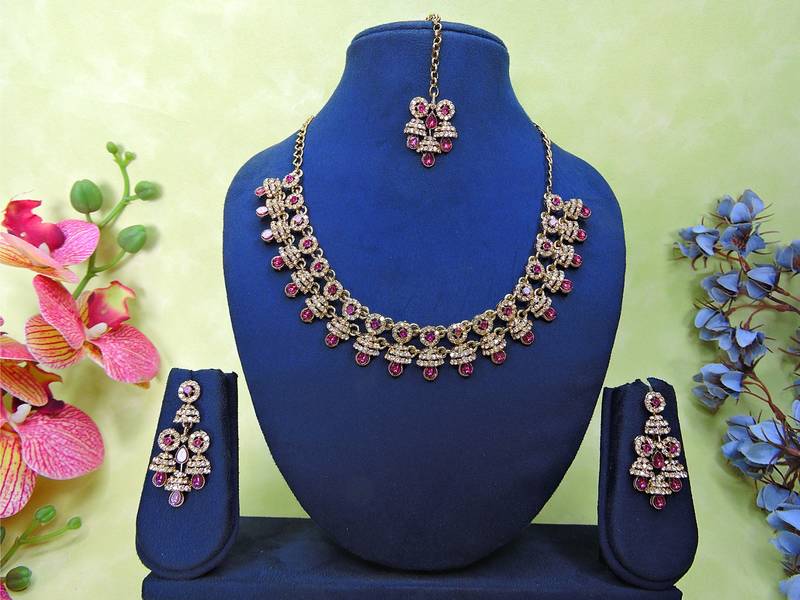 Purple yellow gold premium designer american diamond and stone work necklace set