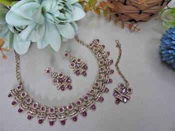 Purple yellow gold premium designer american diamond and stone work necklace set 2
