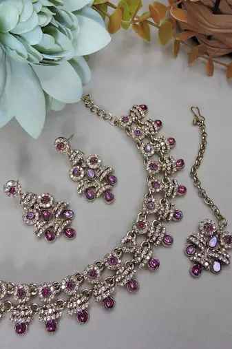 Purple yellow gold premium designer american diamond and stone work necklace set
