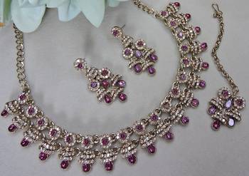 Purple yellow gold premium designer american diamond and stone work necklace set 3