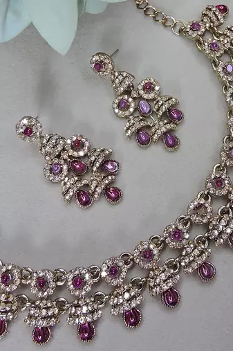 Purple yellow gold premium designer american diamond and stone work necklace set