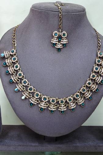 Blue yellow gold premium designer american diamond and stone work necklace set