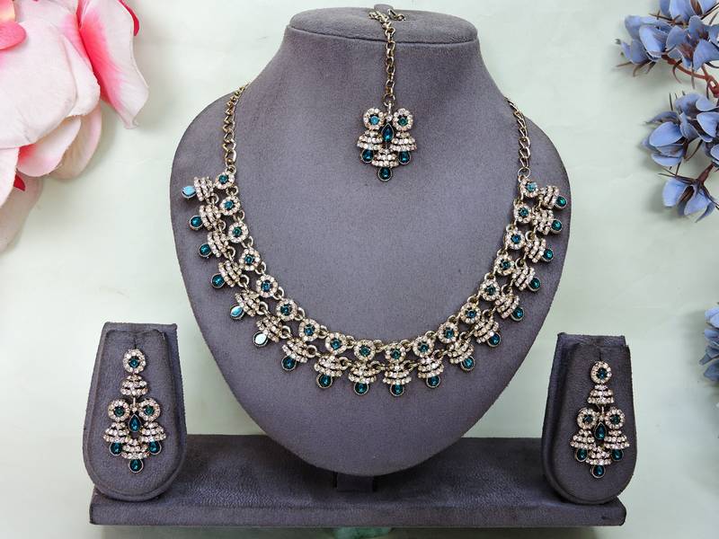 Blue yellow gold premium designer american diamond and stone work necklace set