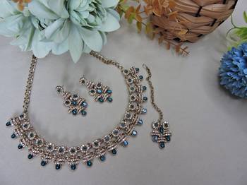 Blue yellow gold premium designer american diamond and stone work necklace set 2
