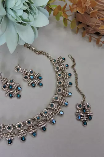 Blue yellow gold premium designer american diamond and stone work necklace set