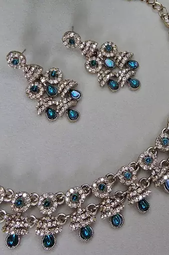 Blue yellow gold premium designer american diamond and stone work necklace set