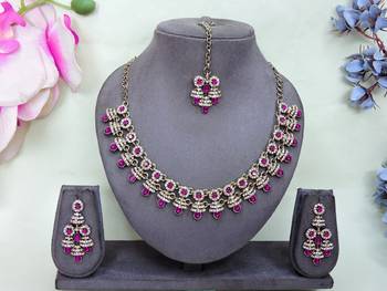 Pink yellow gold premium designer american diamond and stone work necklace set 1
