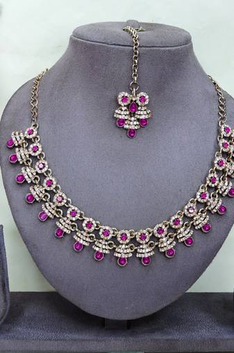 Pink yellow gold premium designer american diamond and stone work necklace set