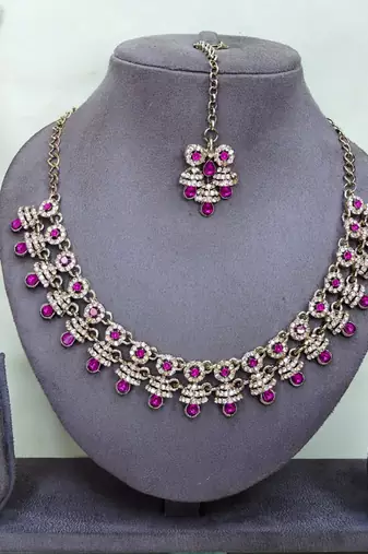 Pink yellow gold premium designer american diamond and stone work necklace set
