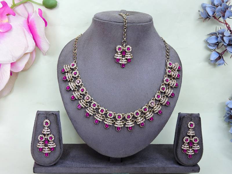 Pink yellow gold premium designer american diamond and stone work necklace set