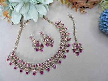 Pink yellow gold premium designer american diamond and stone work necklace set 2
