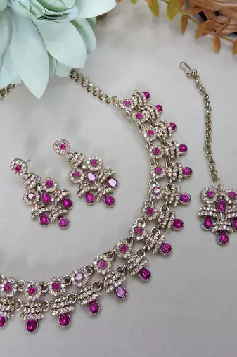 Pink yellow gold premium designer american diamond and stone work necklace set